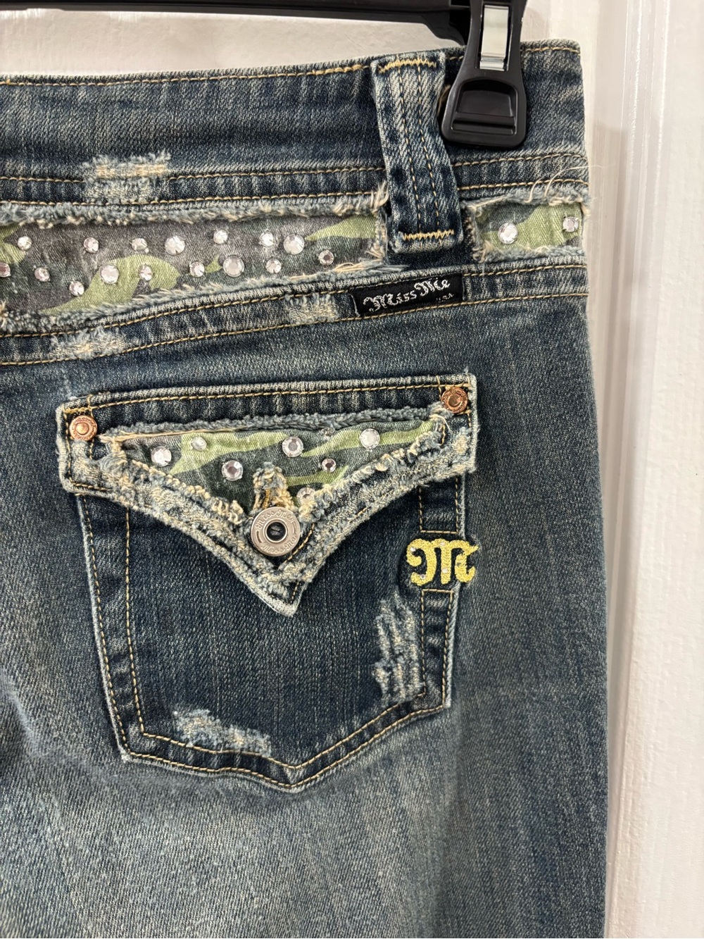 Y2K Vintage Miss Me Denim Boot Cut Jeans with Green Camo & Rhinestone Accents